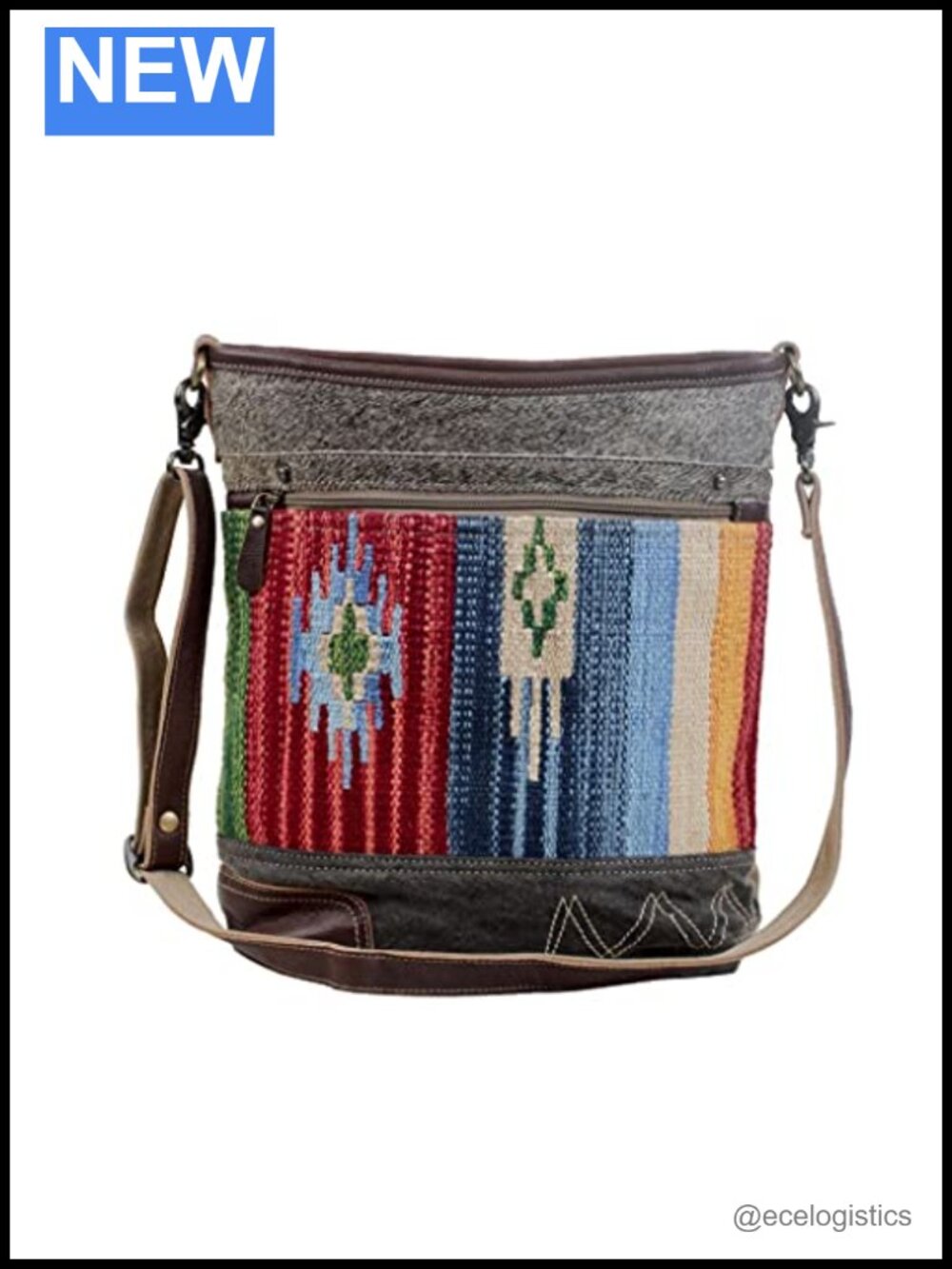 Boho Aztec Canvas Purse with Real Leather Accents, Hippie Western Shoulder Bag